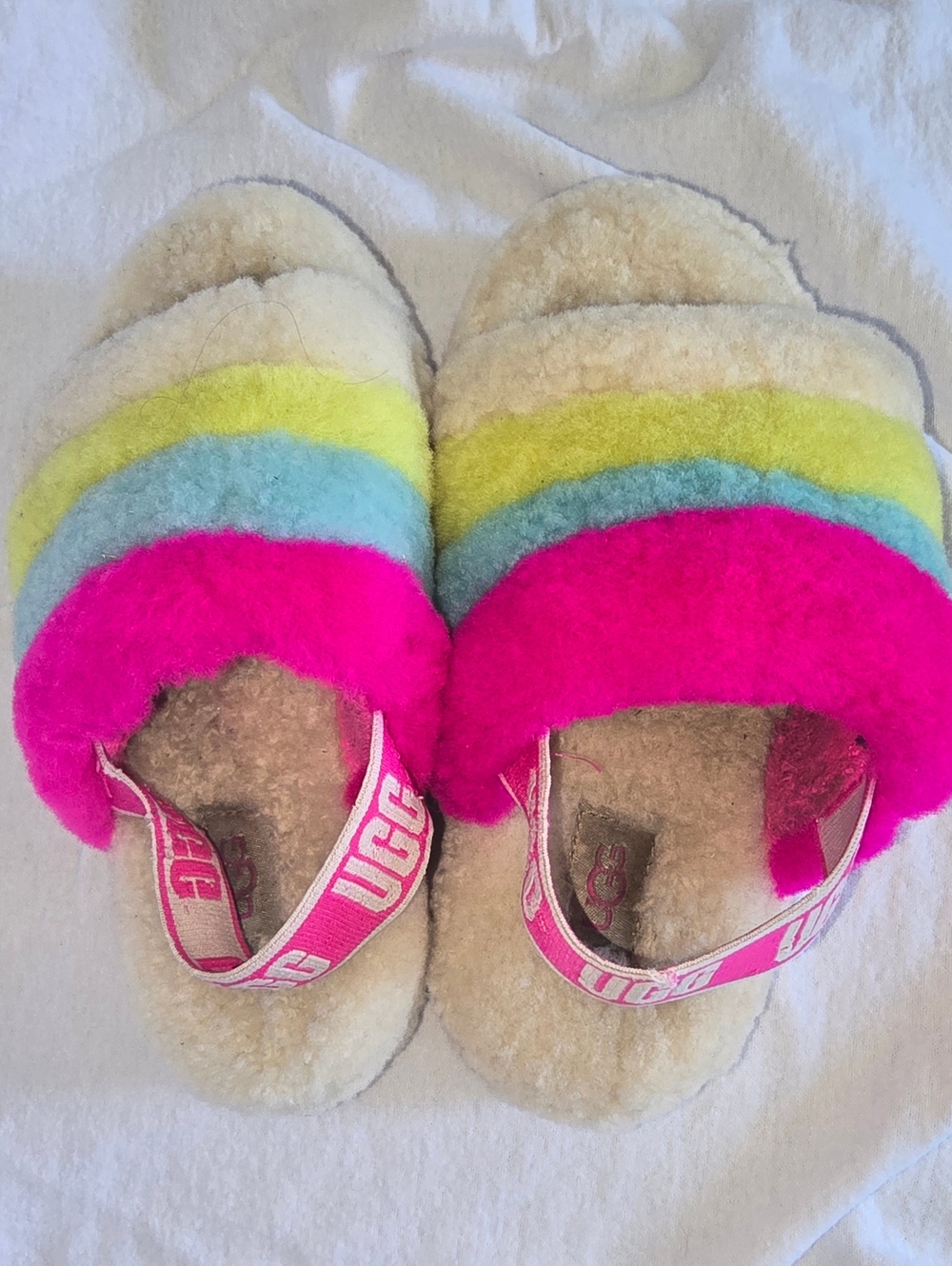 UGG Kids Multicolor Shearling Rainbow Slide Sandals - Pink Accent Size 13